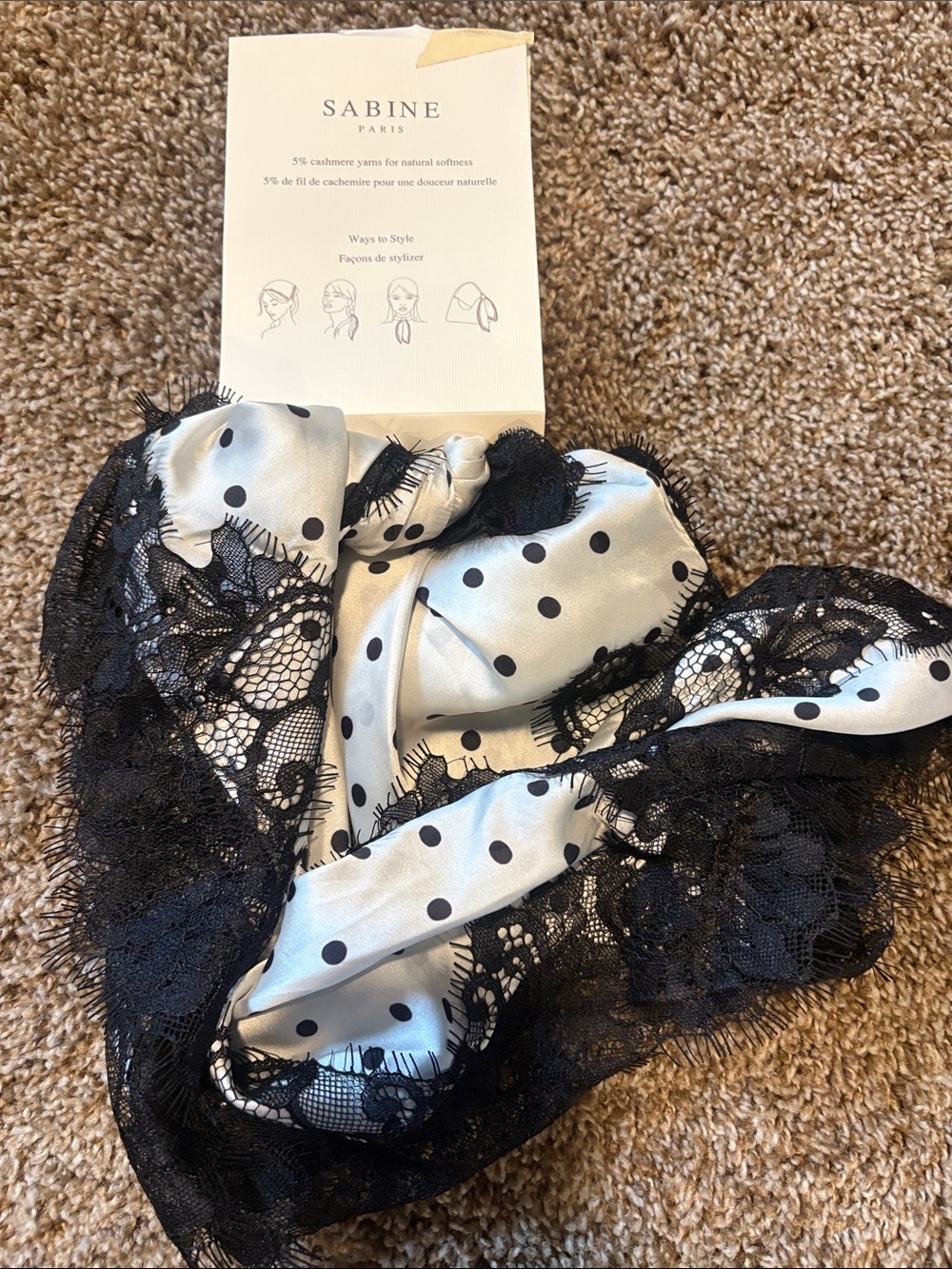 Sabine Black & White Polka Dot Lace-Trim Silk Scarf